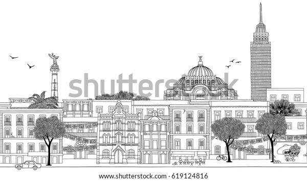 Mexico City, Mexico - Seamless banner of the city’s skyline, hand drawn black and white illustration