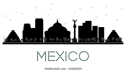 Mexico City skyline black and white silhouette. Cityscape with landmarks.