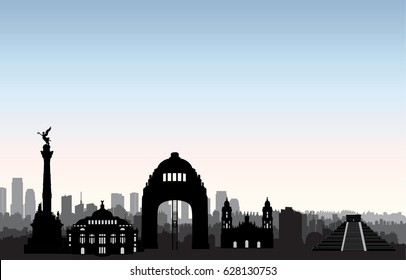 Mexico city skyline. Cityscape silhouette with landmarks. Travel Mexico background