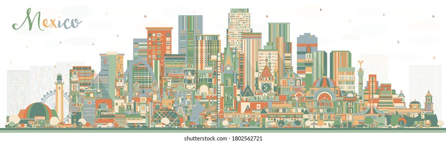 Mexico City Skyline with Color Buildings. Vector Illustration. Concept with Historic Architecture. Mexico Cityscape with Landmarks. Puebla. Mexico. Tijuana. Guadalajara.