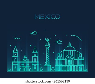 Mexico City skyline detailed silhouette. Trendy vector illustration, line art style.