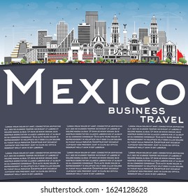 Mexico City Skyline with Gray Buildings, Blue Sky and Copy Space. Vector Illustration. Business Travel and Tourism Concept with Historic Architecture. Mexico Cityscape with Landmarks.