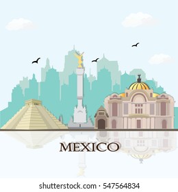 Mexico City skyline with historical landmarks. Flat style cityscape illustration