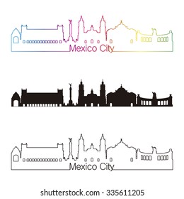 Mexico City skyline linear style with rainbow in editable vector file