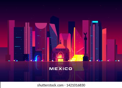 Mexico City Skyline, Neon Illumination. Night Cityscape Architecture Background, Modern Megapolis, Glowing Skyscrapers And Famous Angel Landmark Monument Near Waterfront Cartoon Vector Illustration