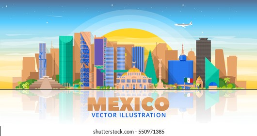 Mexico city skyline on a sunset background. Flat vector illustration. Business travel and tourism concept with modern buildings. Image for banner or web site.