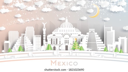 Mexico City Skyline in Paper Cut Style with Snowflakes, Moon and Neon Garland. Vector Illustration. Christmas and New Year Concept. Santa Claus on Sleigh.