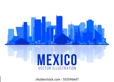 Mexico City Skyline Silhouette On A White Background. Flat Vector Illustration. Business Travel And Tourism Concept With Modern Buildings. Image For Banner Or Web Site.