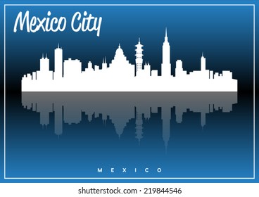 Mexico City, skyline silhouette vector design on parliament blue background.