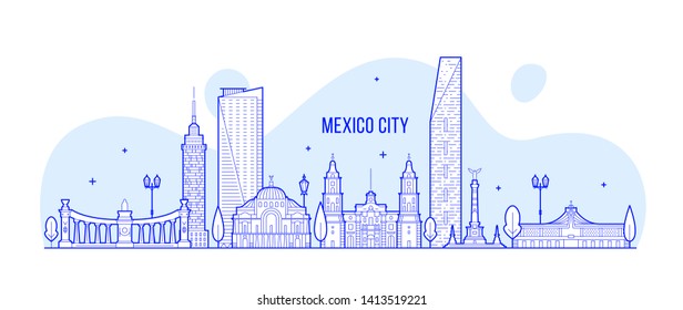 Mexico city skyline, Mexico. This illustration represents the city with its most notable buildings. Vector is fully editable, every object is holistic and movable