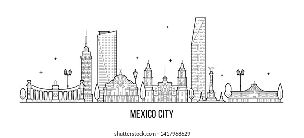 Mexico city skyline, Mexico. This illustration represents the city with its most notable buildings. Vector is fully editable, every object is holistic and movable