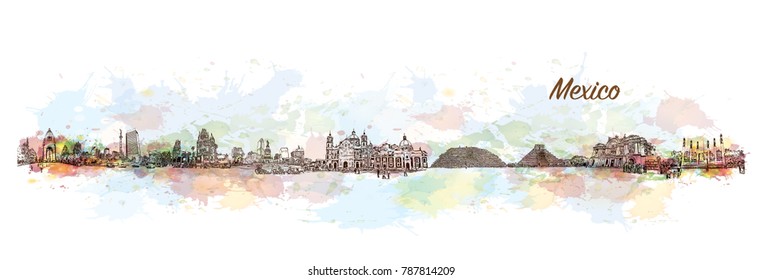 Mexico City Skyline. Watercolor splash with sketch in vector illustration.