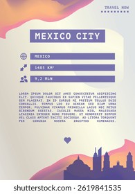 Mexico City vector infographics, brochure layout. Guide, leaflet, flyer, advertising graphic template with text, information, city skyline shape. Page, festival, cover mock up image