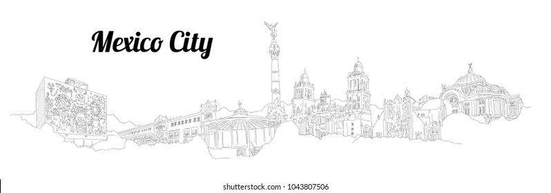 MEXICO CITY city vector panoramic hand drawing illustration