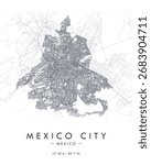 Mexico City vector print map. Detailed map of city in Mexico. Tourist decorative minimalist street map.