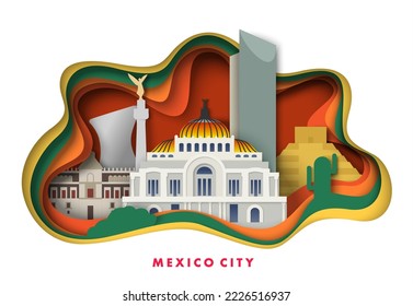 Vector de la ciudad de México. Estilo de origami de afiches de viaje. Históricos lugares famosos, monumentos antiguos y monumentos arquitectónicos recortes de papel ilustración de arte artesanal