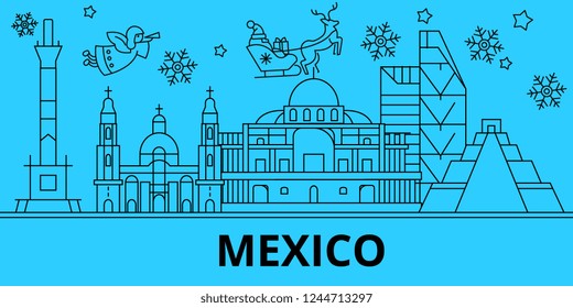 Mexico City winter holidays skyline. Merry Christmas, Happy New Year decorated banner with Santa Claus.Mexico City linear christmas city vector flat illustration