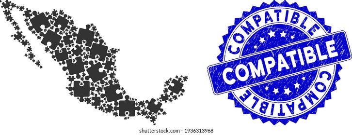 Mexico collage map created with puzzle piece items, and Compatible distress seal stamp. Vector puzzle piece scattered flat items are composed into conceptual map of Mexico state.