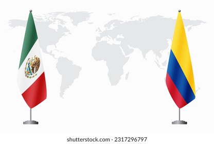 Banderas de México y Colombia para una reunión oficial en el fondo del mapa mundial.