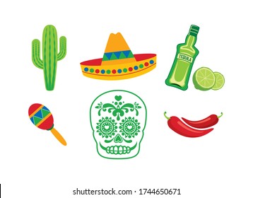 Mexico colored icon set vector. Mexico colored symbols vector. Mexican design elements vector. Mexico icon set isolated on a white background