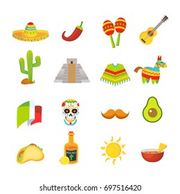 Mexico colorful icons set, vector illustration. Mexican sombrero, taco, pinata and other design elements