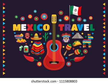 Mexico colorful national traditional symbols composition with guitar flag food masks tequila cactus travel advertisement vector illustration 