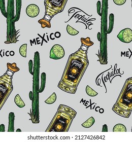 Mexico colorful seamless pattern with tequila bottle, lime slices, prickly cactuses and inscriptions, vector illustration