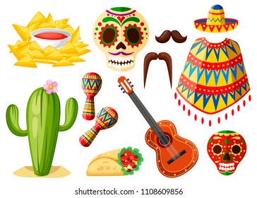 Mexico colorful symbols. Mexican vector icons set. Latin traditional ethnicity symbols. Cartoon style design. Vector illustration isolated on white background.