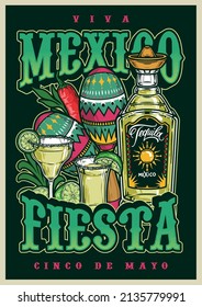 Mexico colorful vertical poster with tequila drinks, lime, chili pepper and maracas on black background, vector illustration