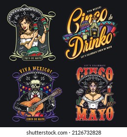 Mexico colorful vintage badges set with woman in hoops shaking maracas, skeleton musician playing guitar against flag garland, girl with painted face carrying cocktail, vector illustration