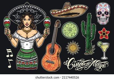 Mexico colorful vintage elements set with girl playing maracas, sombrero hat, acoustic guitar, calavera, flower, margarita glass, sun, lime and cactus, vector illustration