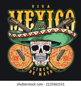 Mexico colorful vintage label with painted calavera skull in sombrero against crossed guitars, vector illustration