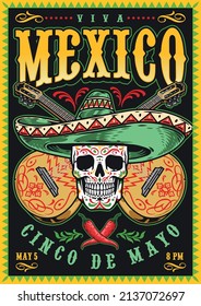 Mexico colorful vintage poster with skeleton skull in green sombrero against crossed painted guitar on background with inscription, vector illustration