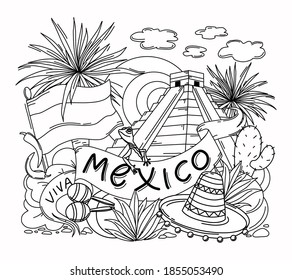 Mexico coloring book for adults and children. Vector illustration. Objects are isolated.