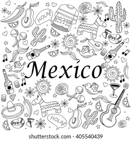 Mexico coloring book line art design vector illustration. Separate objects. Hand drawn doodle design elements.