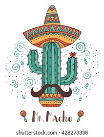 Mexico concept cactus with mustache. Hand drawn vector illustration