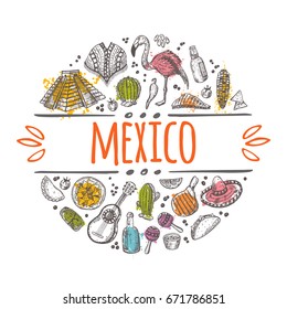 Mexico concept design. Hand drawn vector illustration. Maya pyramid, sombrero, nachos, maracas, burrito, flamingo, empanadas, chayote, poncho. Can be used for sticker, label, badge.