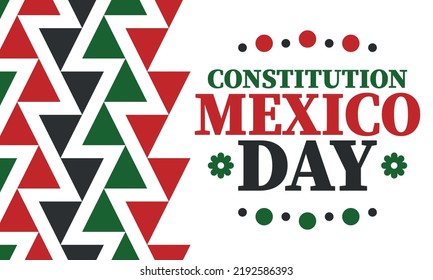 Día de la Constitución de México. Fiesta nacional feliz, celebrada anualmente en febrero. Patrón y colores mexicanos. Elementos patrióticos. Diseño del festival. Cartel, tarjeta, cartel y fondo. Vector