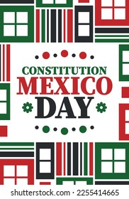 Mexico Constitution Day. National happy holiday, celebrated annual in February. Mexican pattern and colors. Patriotic elements. Festival design. Poster, card, banner and background. Vector