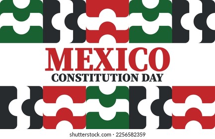Mexico Constitution Day. National happy holiday, celebrated annual in February. Mexican pattern and colors. Patriotic elements. Festival design. Poster, card, banner and background. Vector