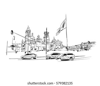 Mexico. Constitution Square.Cathedral of the Assumption of Mar. Hand drawn vector illustration.