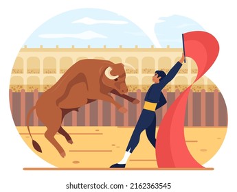 Mexico corrida. Bullfighting show, brave toreador conquering a bull at the arena. Traditional spanish performance. Flat vector illustration