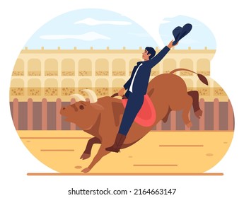 Mexico corrida. Bullfighting show, brave toreador conquering a bull at the arena. Traditional spanish performance. Flat vector illustration