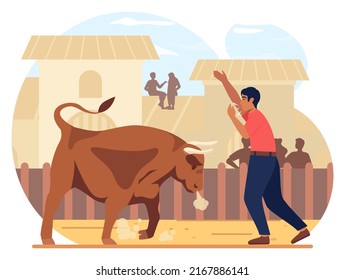 Mexico corrida. Bullfighting show, brave toreador conquering a bull at the arena. Traditional spanish performance. Flat vector illustration