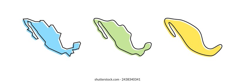 Mexico country black outline and colored country silhouettes in three different levels of smoothness. Simplified maps. Vector icons isolated on white background.