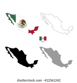 Mexico country black silhouette and with flag on background, isolated on white