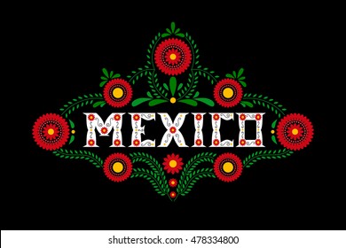 Mexico country decorative floral letters typography vector. Mexican flowers ornament on black background. Illustration concept for travel design, food label, tourism banner, card or flyer template.