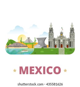 Mexico country design template. Flat cartoon web site vector illustration. World vacation travel North America collection. Chichen Itza Maya Pyramid in Yucatan Sun Aztec City Metropolitan Cathedral.