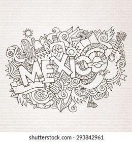 Mexico country hand lettering and doodles elements and symbols background. Vector hand drawn sketchy illustration
