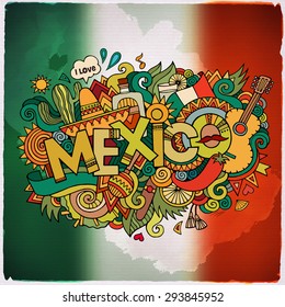 Mexico country hand lettering and doodles elements and symbols emblem. Vector blurred flag background